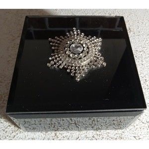 Vintage American Atelier Black Glass Jewelry Box With Rhinestone Medallion